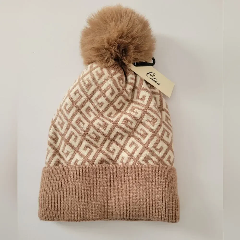 Odiva Womens Chic Lined Interior Patterned Knit Fall winter Beanie with Pom Pom
